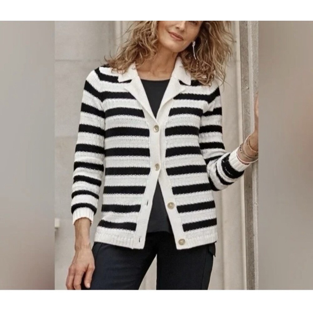 J. Jill Wearever Collection Button Collared Cardi Textured Sweater Striped 2X